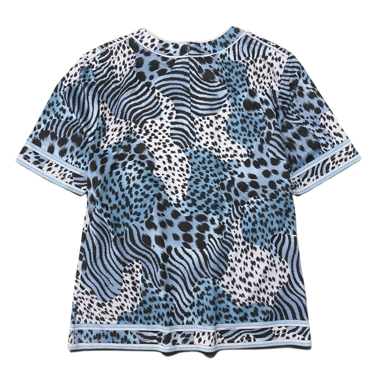 55h9 【美品】 LEONARD FASHION レオナール アニマル柄プリント カットソー 半袖Tシャツ 40 ブルー系 コットン100％ レディースu02t