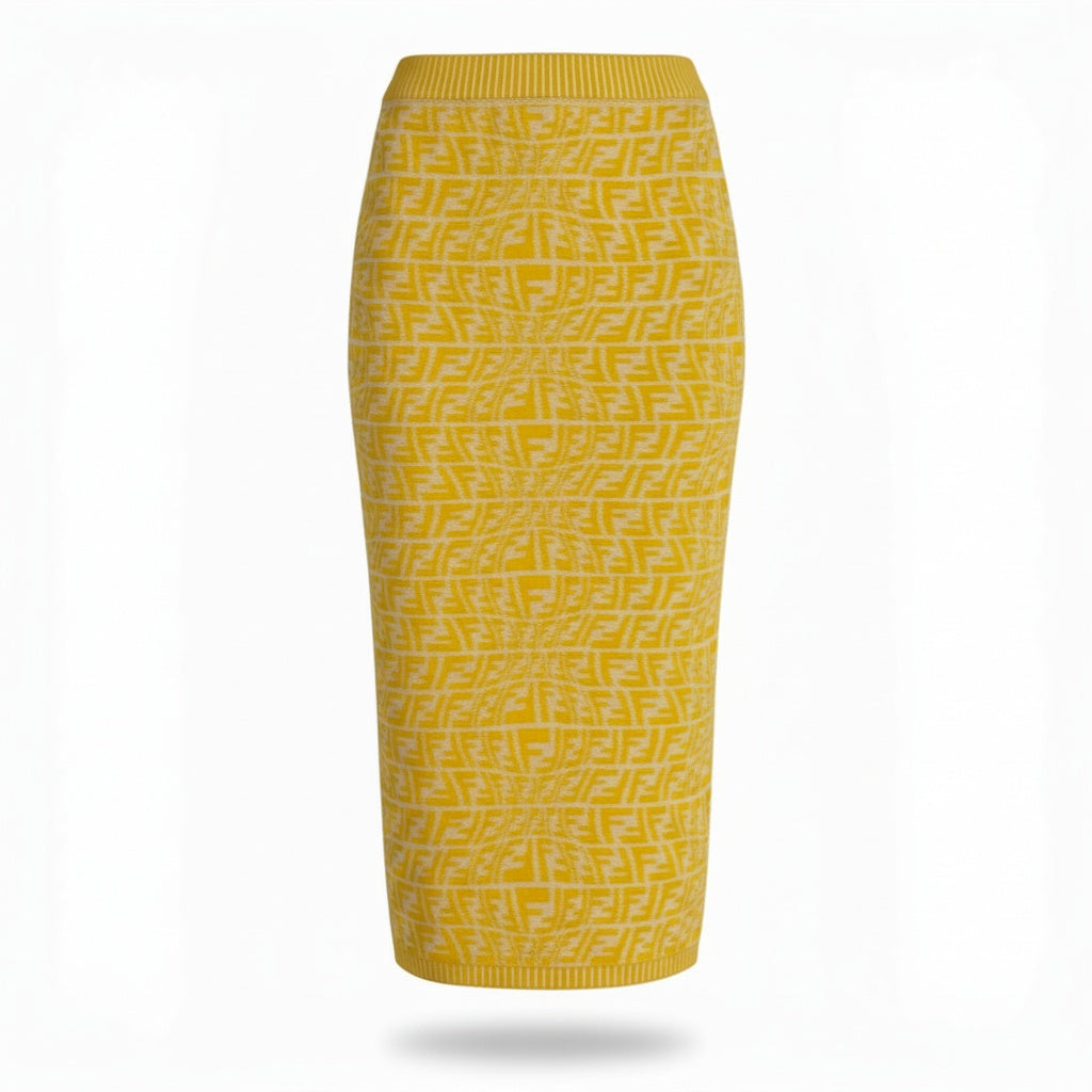 Ib7 【美品】FENDI フェンディ 2021 ズッカ柄 ニットスカート FF Logo Pencil Skirt 38サイズ イエロー レディース 女性用ta1