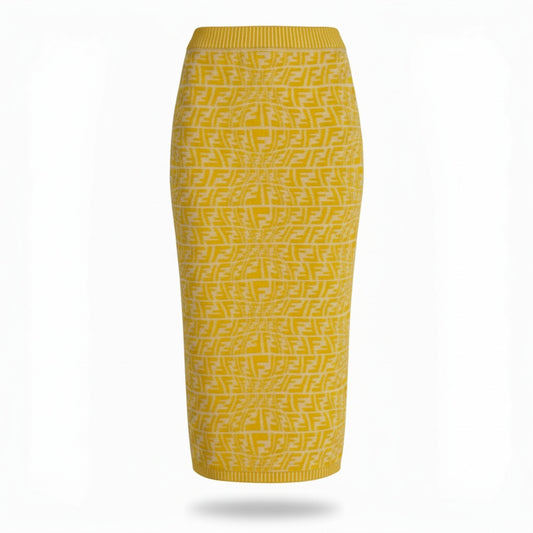 Ib7 【美品】FENDI フェンディ 2021 ズッカ柄 ニットスカート FF Logo Pencil Skirt 38サイズ イエロー レディース 女性用ta1