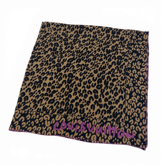 c17 LOUIS VUITTON ルイヴィトン M75227 シルク100 大判スカーフ LVレオパード ブラック/ブラウン シルク100 レディースk02i