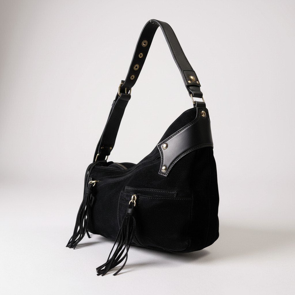 AL10 Helmut Lang ヘルムートラング Archive Black Suede leather oneshoulder bag fringe detail unisex アーカイブk02i