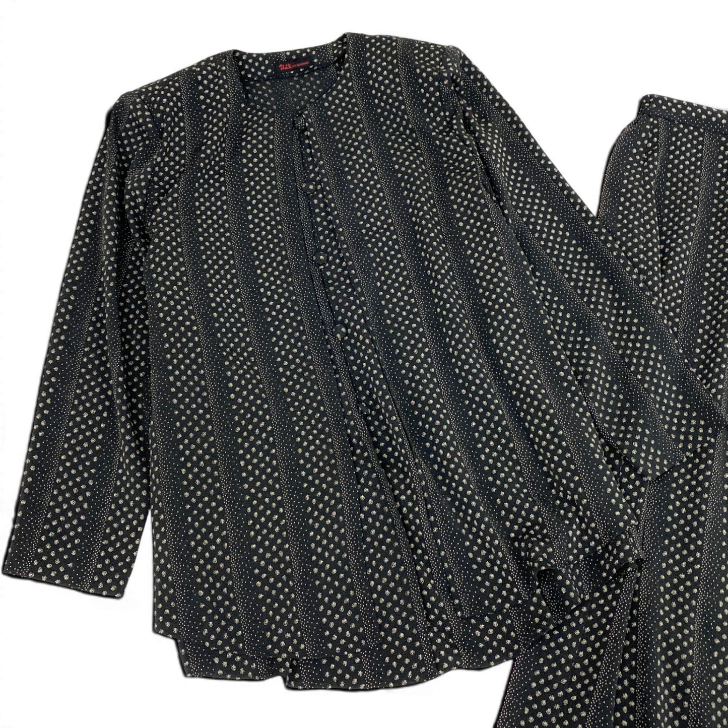 47d16 【美品】 詩仙堂 BY HITOSHI シセンドウ セットアップスカート ちりめん レイヤード風 ノーカラージャケット ラップスカート 総柄 ネイビー ポリエステル100％ レディース 女性用u02t