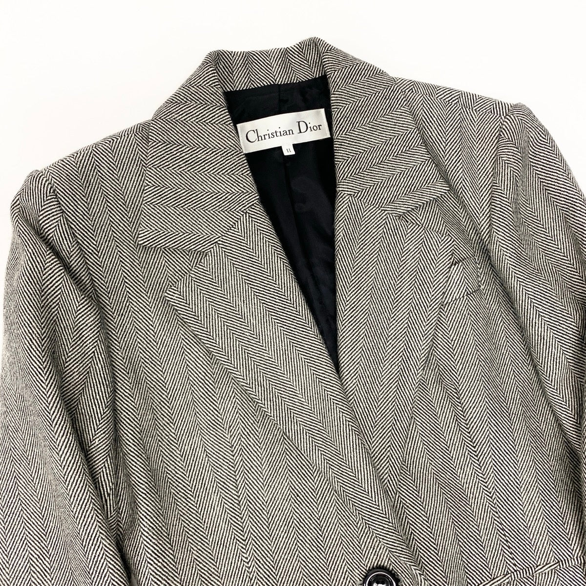 81e27  Christian Dior クリスチャンディオール セットアップ スカートスーツ ヘリンボーン柄 テーラードジャケット 膝丈スカート サイズ11 ブラック ホワイト レディース 女性服u02t