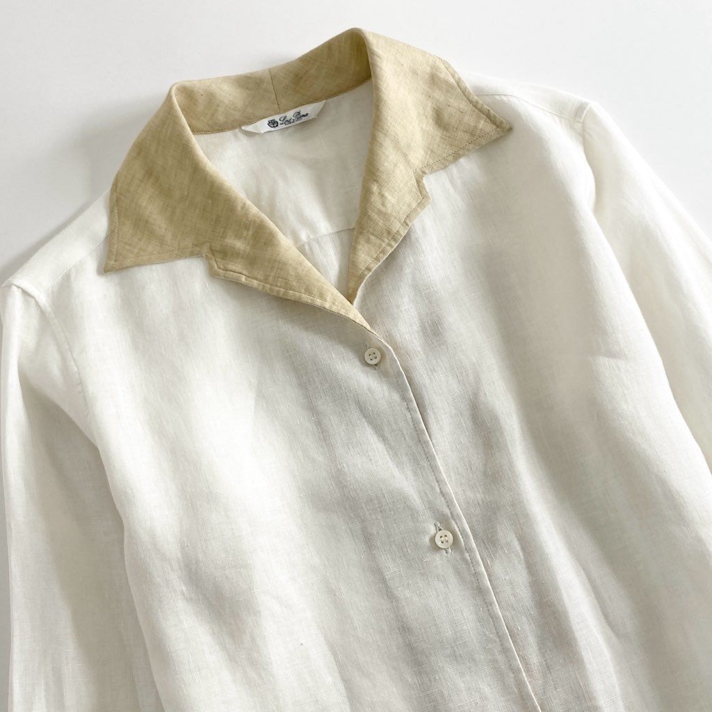 53e1 Loro Piana ロロピアーナ オープンカラー リネンシャツ 42 ホワイト ベージュ LINEN 100％ 長袖 イタリア製 麻 春夏 SHIRT