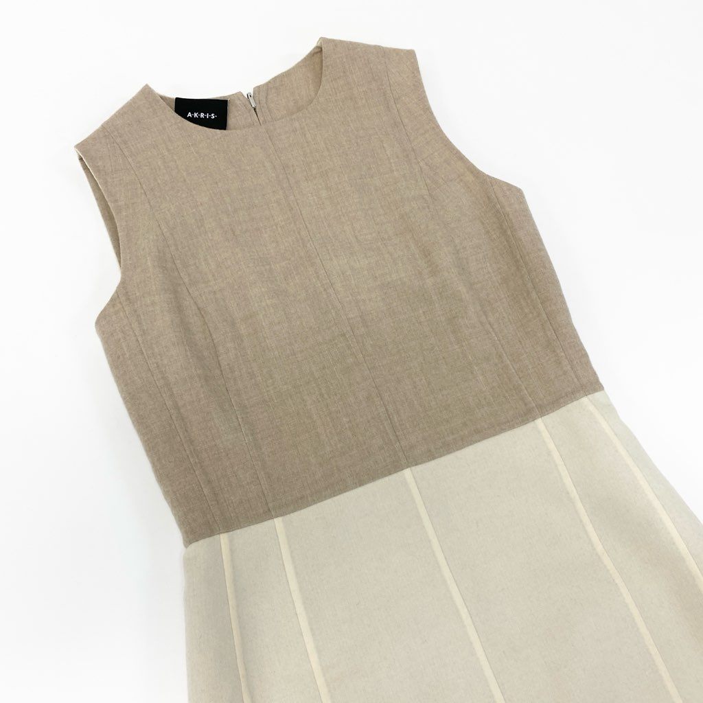 81L15 AKRIS アクリス ノースリーブワンピース バイカラーワンピース ウールワンピース 40サイズ ベージュ アイボリー ウール100％ レディースu02t