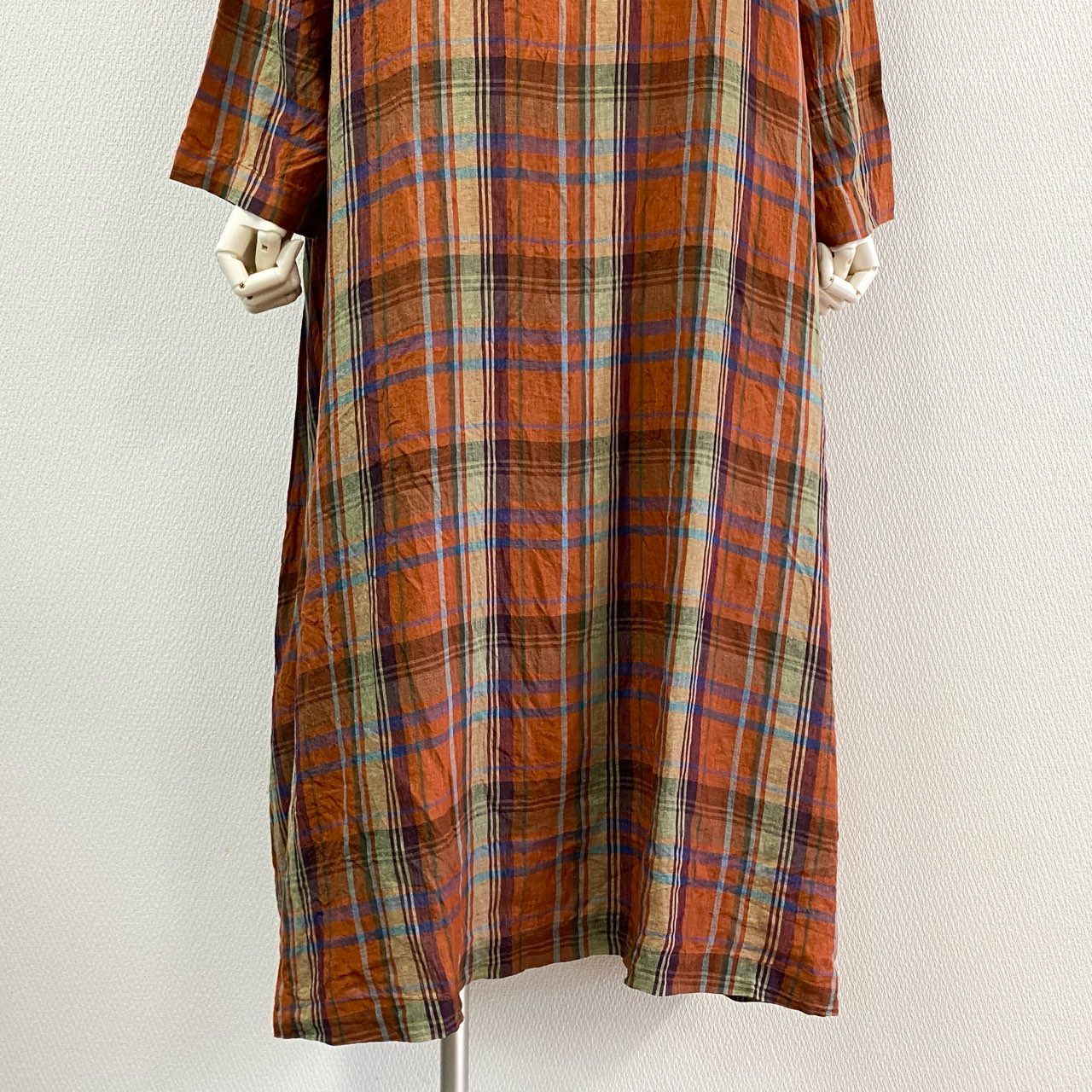 60j27《未使用品》nest Robe ネストローブ リネンマドラスチェックドルマンワンピース 長袖ロングワンピース 01221 1157 Fサイズ オレンジ系 レディースu02t