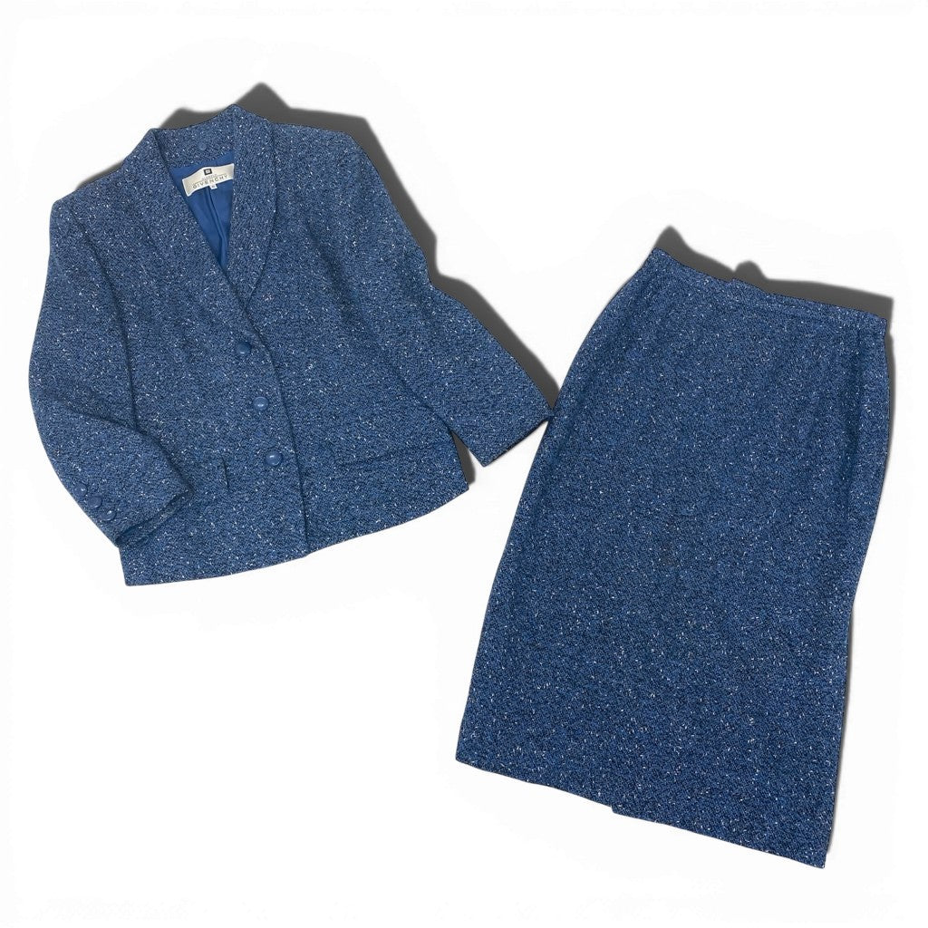 7a9 GIVENCHY ジバンシィー Vintage セットアップ スカートスーツ ツイード ジャケット タイトスカート ロゴボタン 42サイズ ブルー系 レディースo07t