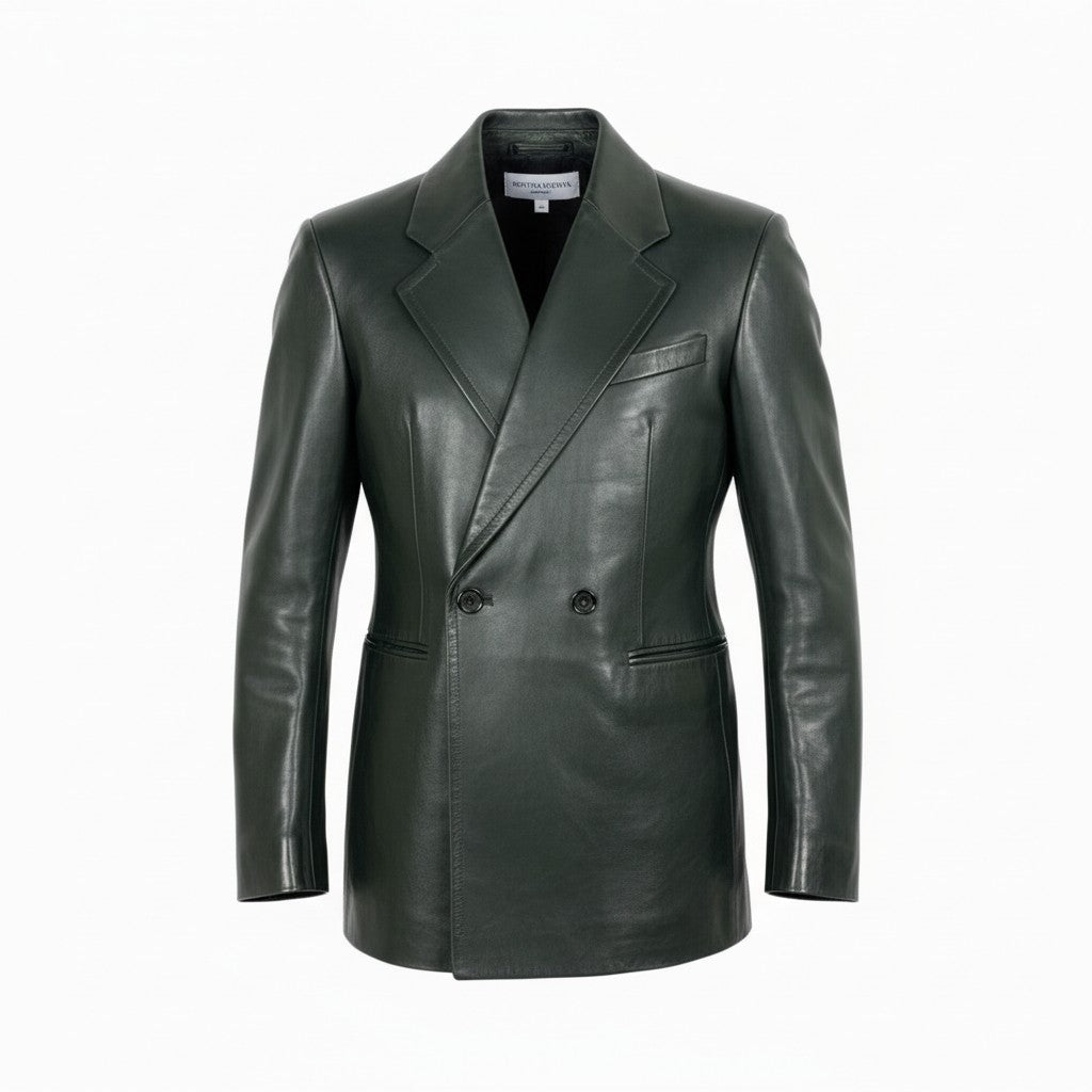 Mb16　《美品》 BOTTEGA VENETA ボッテガヴェネタ ポリッシュレザー レザーダブルコート ジャケット 716235 46 グリーン系 牛革 メンズ イタリア製ta1