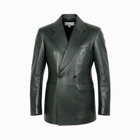 Mb16　《美品》 BOTTEGA VENETA ボッテガヴェネタ ポリッシュレザー レザーダブルコート ジャケット 716235 46 グリーン系 牛革 メンズ イタリア製ta1