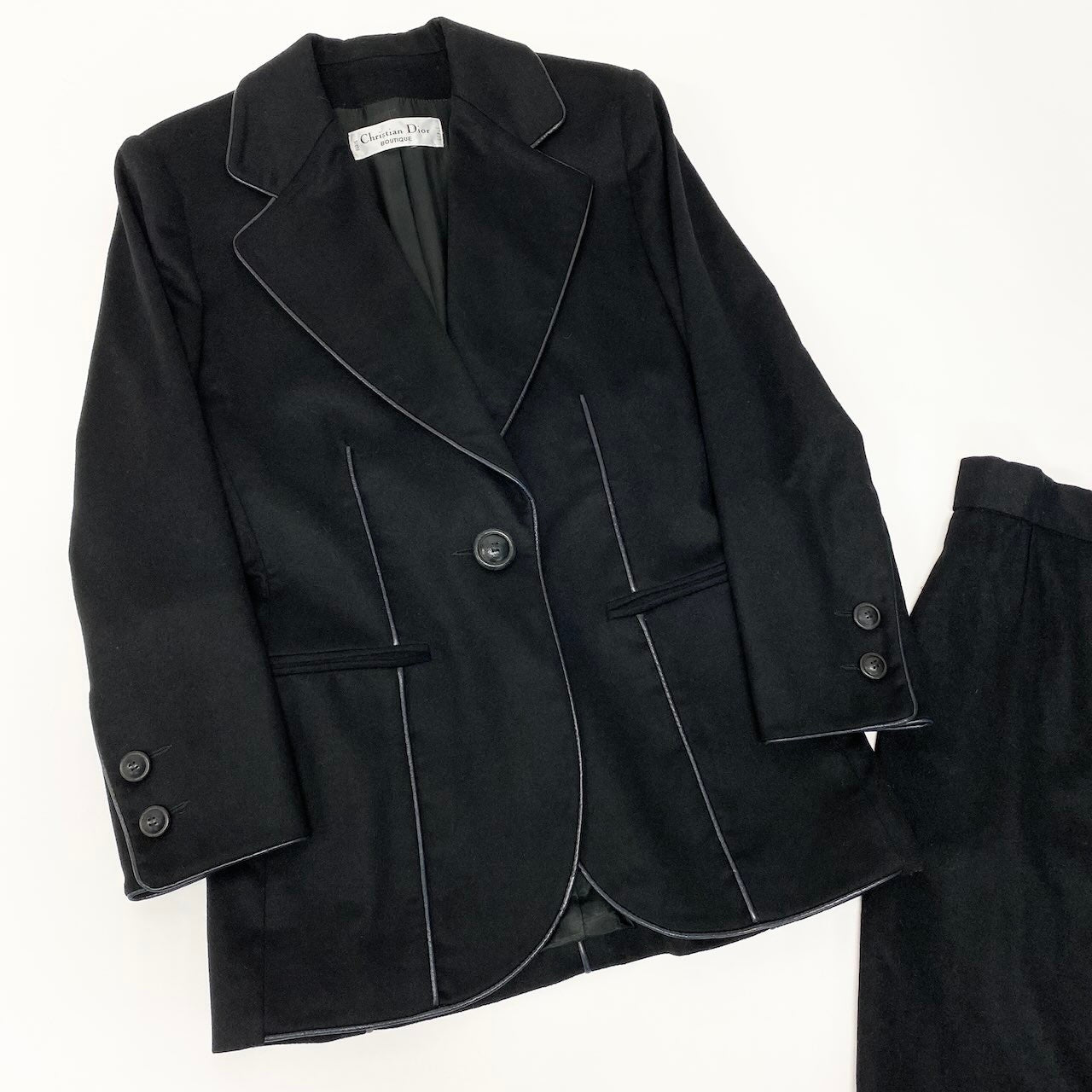 E Christian Dior クリスチャンディオール ビンテージ スカートセットアップ テーラードジャケット スカート レザーパイピング ブラック レディース 女性用nu1