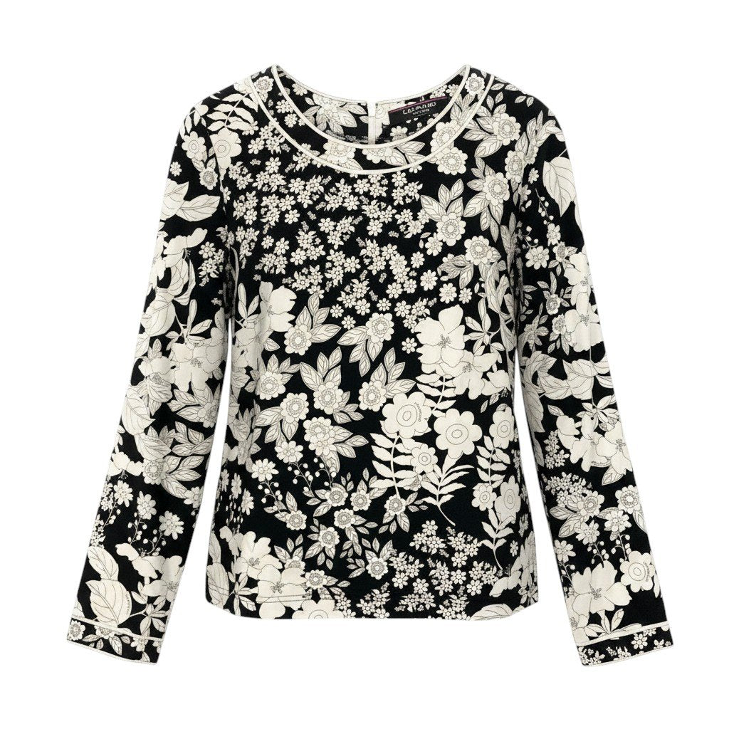 55e19 LEONARD FASHION レオナール ロングスリーブ カットソー カンカン素材 花柄プリント サイズL ブラック ホワイト レディース 女性服u02t
