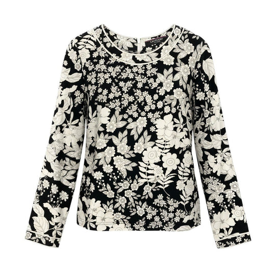 55e19 LEONARD FASHION レオナール ロングスリーブ カットソー カンカン素材 花柄プリント サイズL ブラック ホワイト レディース 女性服u02t