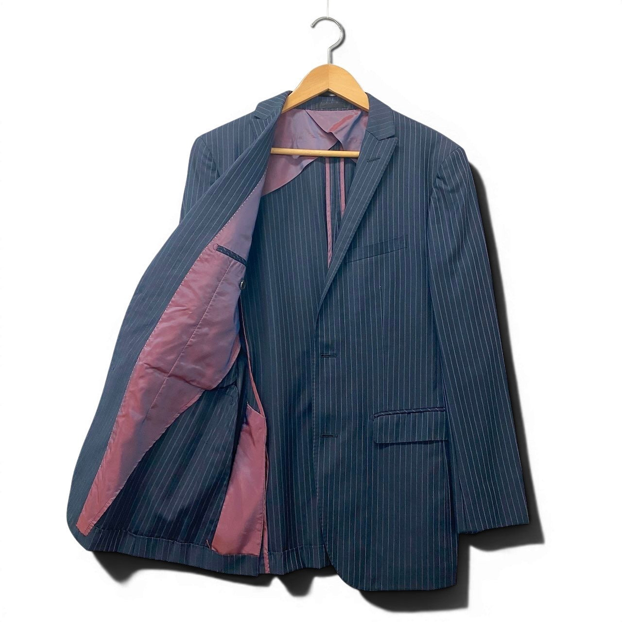 72e21 BURBERRY BLACK LABEL バーバリーブラックレーベル セットアップスーツ シングル 2B ストライプ柄 ウールシルク混 38R ネイビー メンズ 紳士服u02t