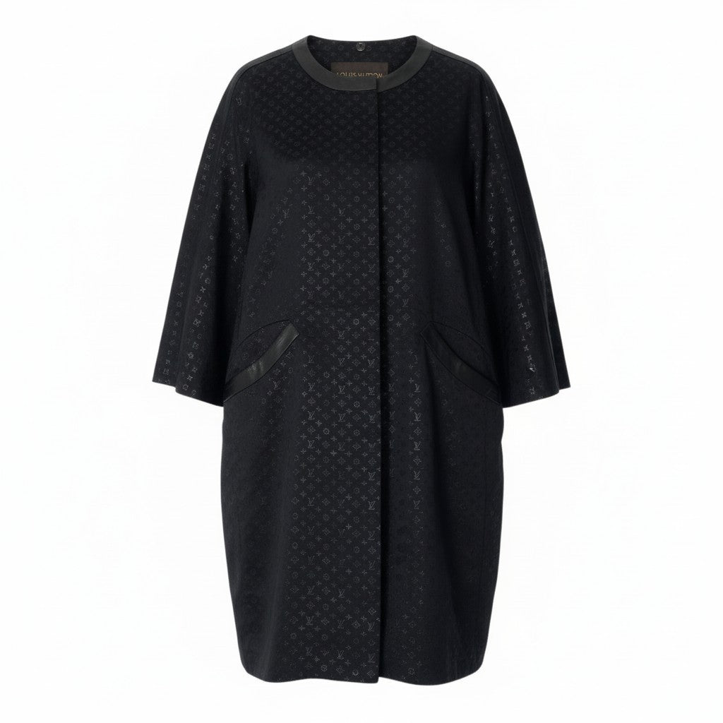 I LOUIS VUITTON ルイヴィトン モノグラムロングコート ノーカラー シルク混 イタリア製 42サイズ ブラック レディース 女性用nu1