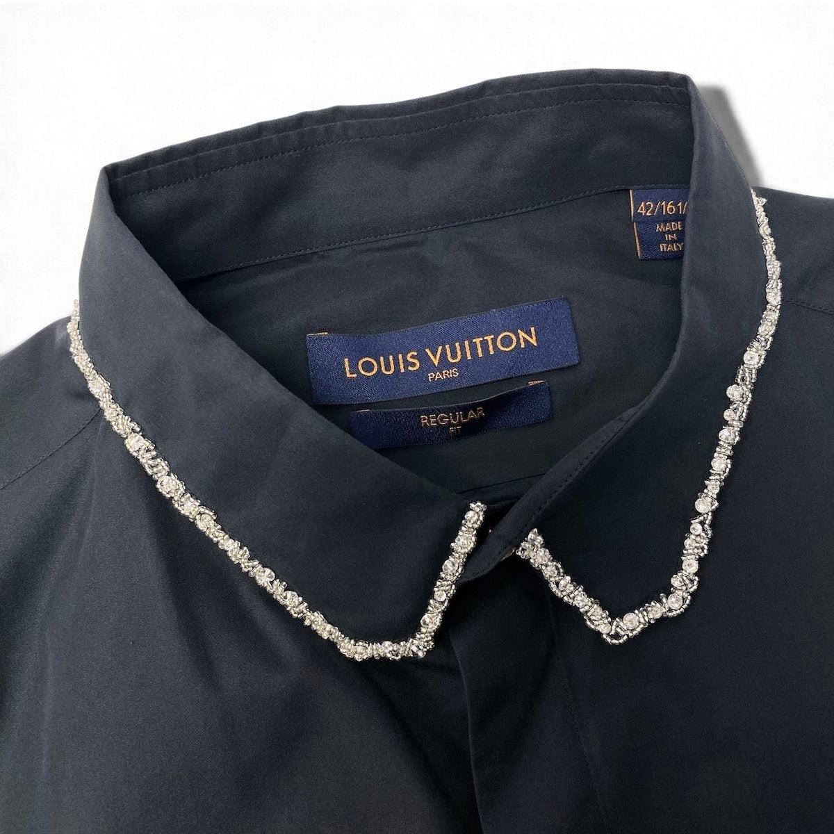 28j16 【未使用タグ付】 LOUIS VUITTON ルイヴィトン ビーズカラー ロングスリーブ ドレスシャツ REGULAR FIT サイズ42/16-1/2 ブラック コットン シルク メンズu02t