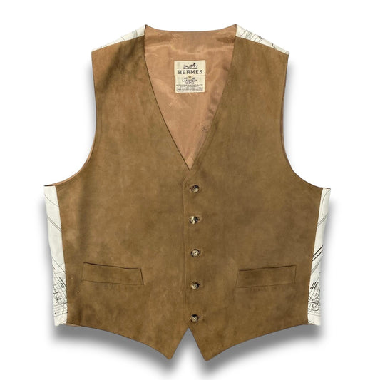 20c24 HERMES ヴィンテージ エルメス ラムスキン スウェード シルク 切替 ジレベスト サイズ52 ベージュ メンズ La Musique des Spheresk02i