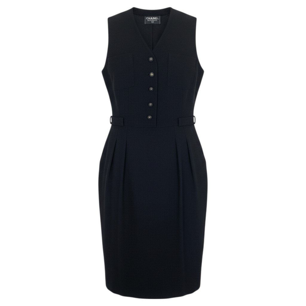 Cb15 CHANEL シャネル ノースリブVネックドレスワンピース ココマーク CC logo buttons One-piece ブラック ウール100％ レディース 女性用ta1