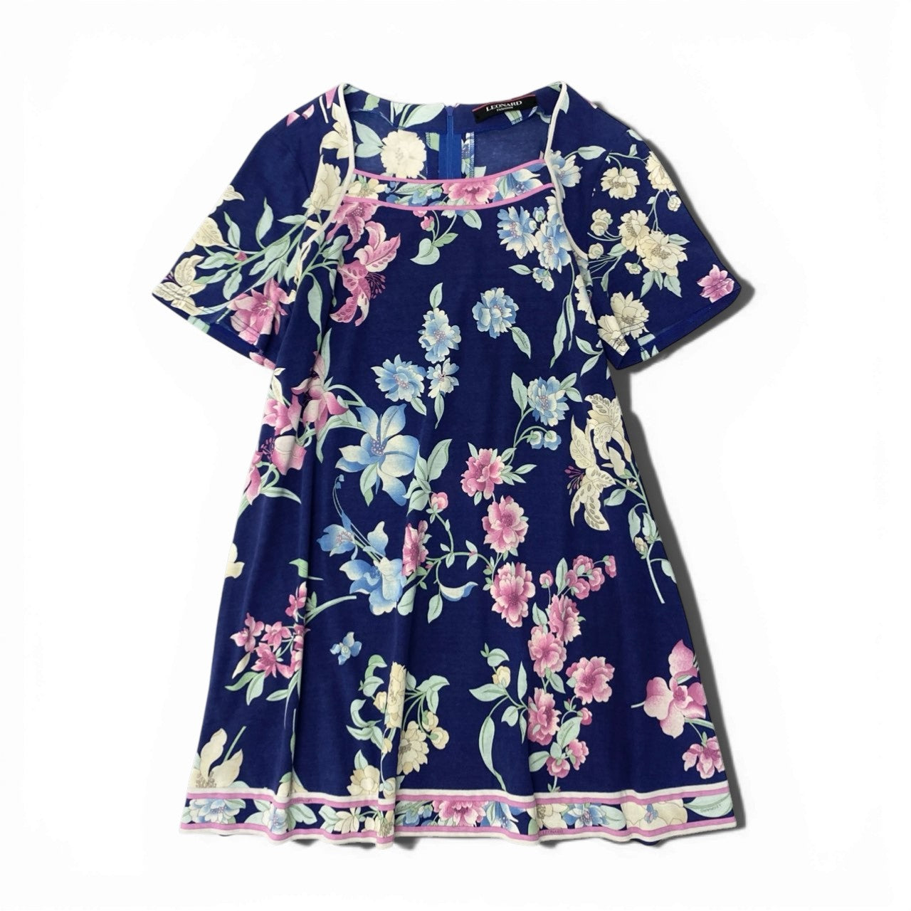 11b6 LEONARD レオナール 半袖チュニックワンピース 美しい花柄プリント  0369802 42サイズ ネイビー ピンク コットン100％ レディース 女性用u02t