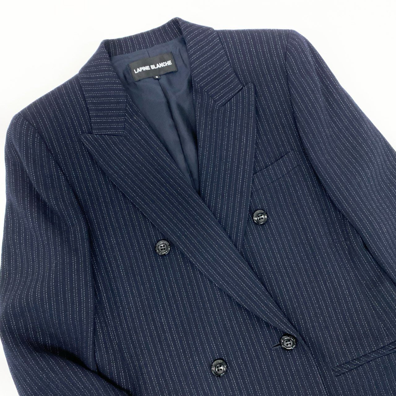 4k23《美品》 LAPINE BLANCHE ラピーヌブランシュ セットアップスカート ダブルブレストジャケット ストライプ柄 ウール混 レディース 女性用 9 ネイビーu02t