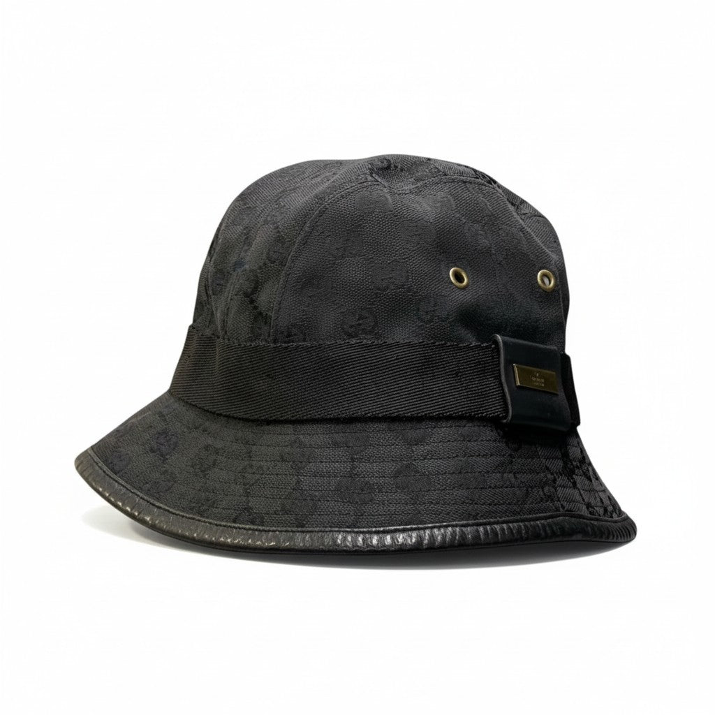 c18 GUCCI グッチ ゴールドプレート GGキャンバス バケットハット Gold Plate GG Canvas Bucket Hat サイズM ブラック 帽子 イタリア製