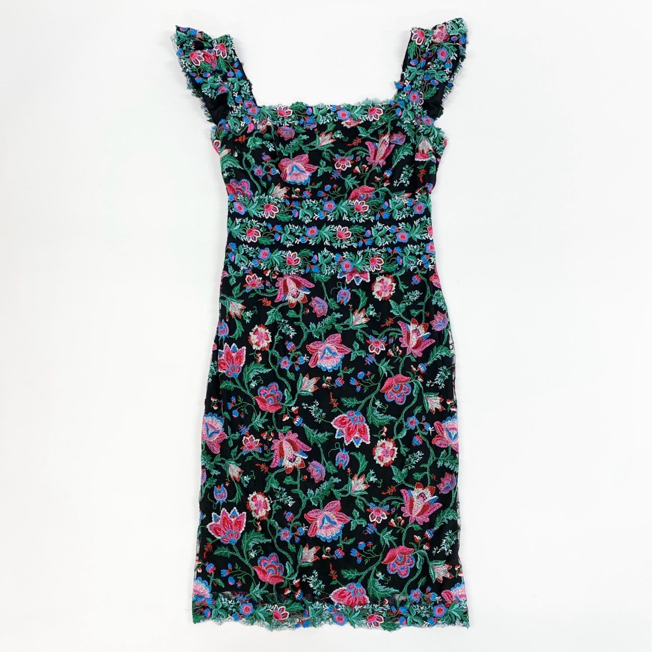 26j24 《美品》TADASHI SHOJI タダシショージ ノースリーブワンピース ドレス 花柄刺繍 膝丈 タイトシルエット◎ 2サイズ マルチカラー レディースu02t