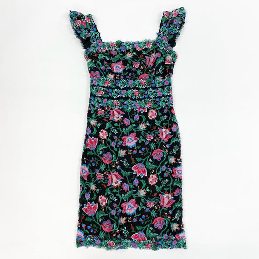 26j24 《美品》TADASHI SHOJI タダシショージ ノースリーブワンピース ドレス 花柄刺繍 膝丈 タイトシルエット◎ 2サイズ マルチカラー レディースu02t