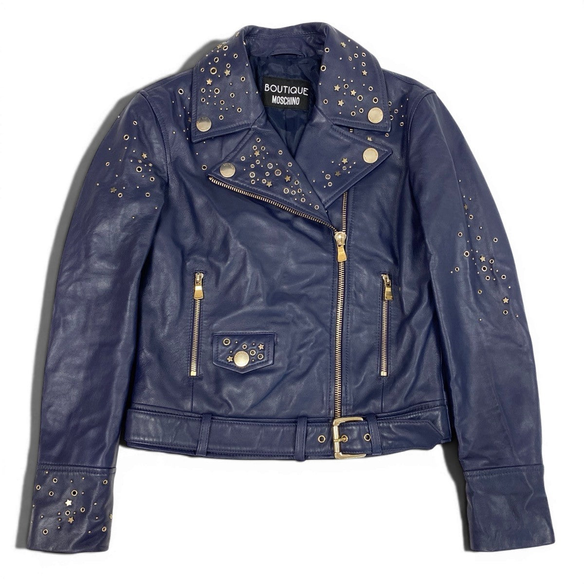 Ag16 BOUTIQUE MOSCHINO ブティック モスキーノ レザージャケット ダブルライダースジャケット 星 スタッズ サイズ38 ネイビー レディースu02t
