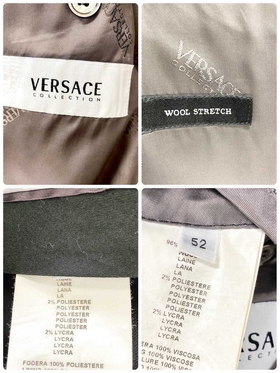 79c26 VERSACE ヴェルサーチ セットアップスーツ フォーマル ストライプ ウールストレッチ メンズ 男性用 52 ダークグレー系u02t
