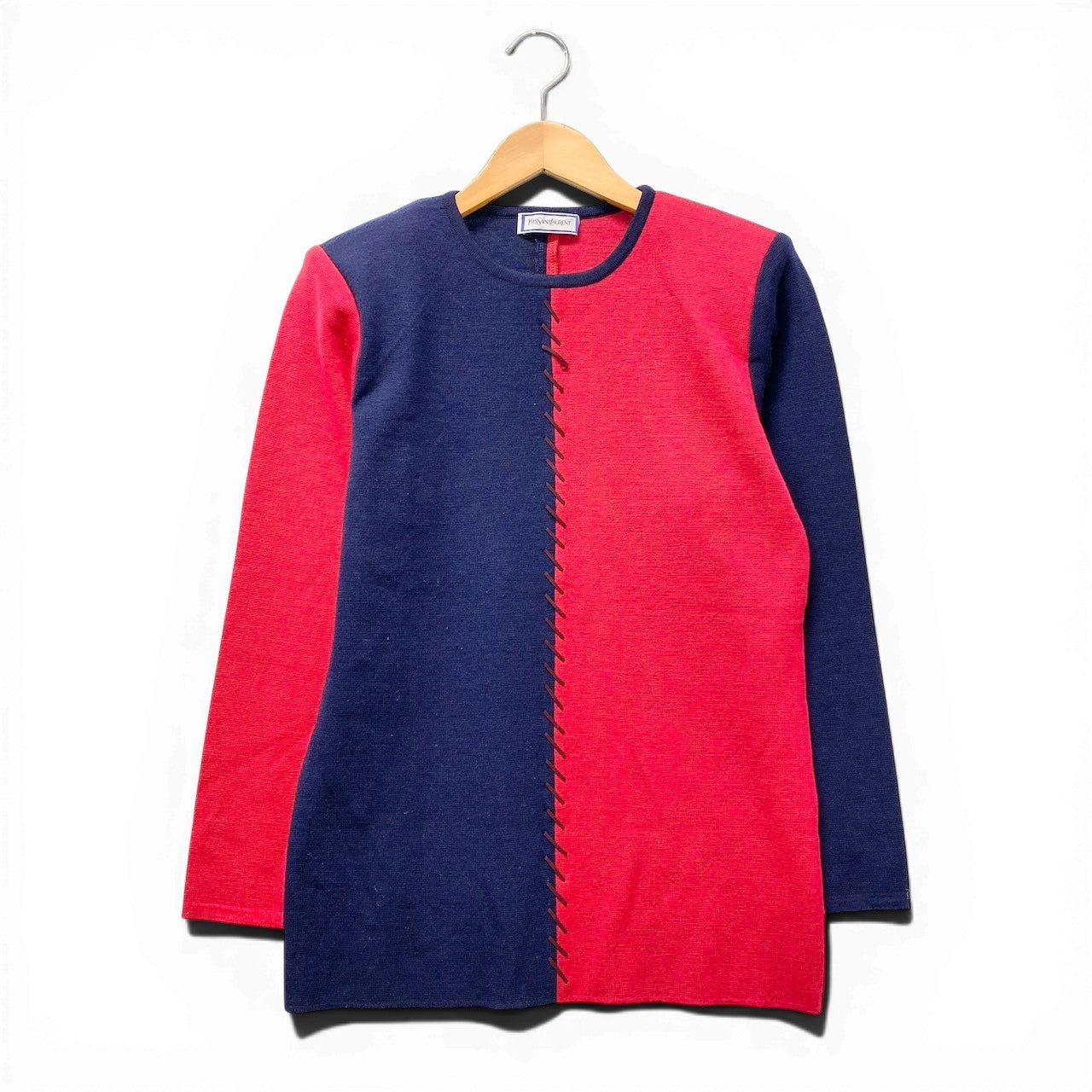 40f15 YVES SAINT LAURENT イヴサンローラン バイカラー ニットセーター ロングスリーブ サイズM レッド ネイビー ウール100％ レディース 女性服o07t