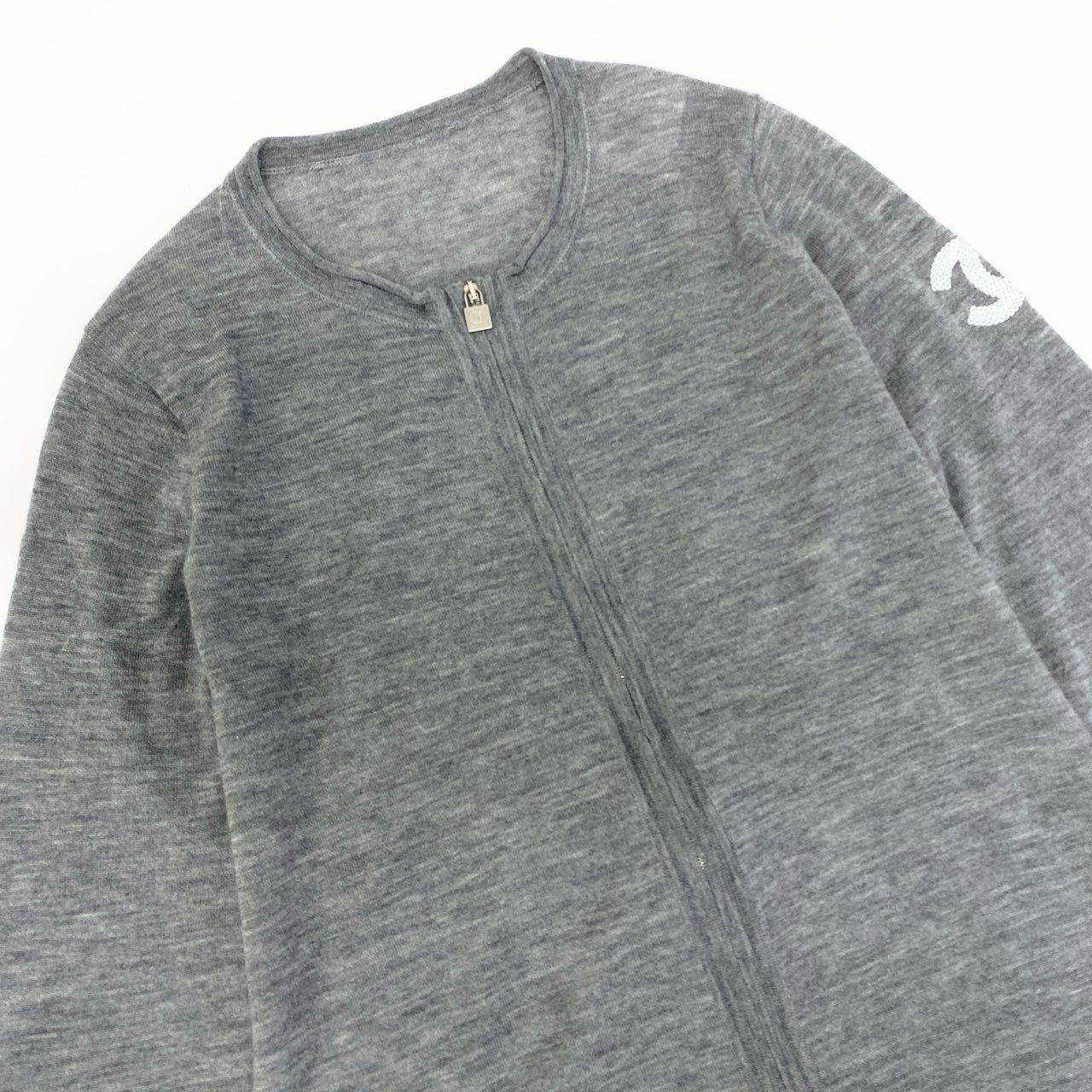Ca16 CHANEL SPORT シャネル スポーツ 2009年 スパンコール ココマーク カシミヤ100 薄手ニット カーディガン アンサンブル P36086 38 グレー レディース ニットta1