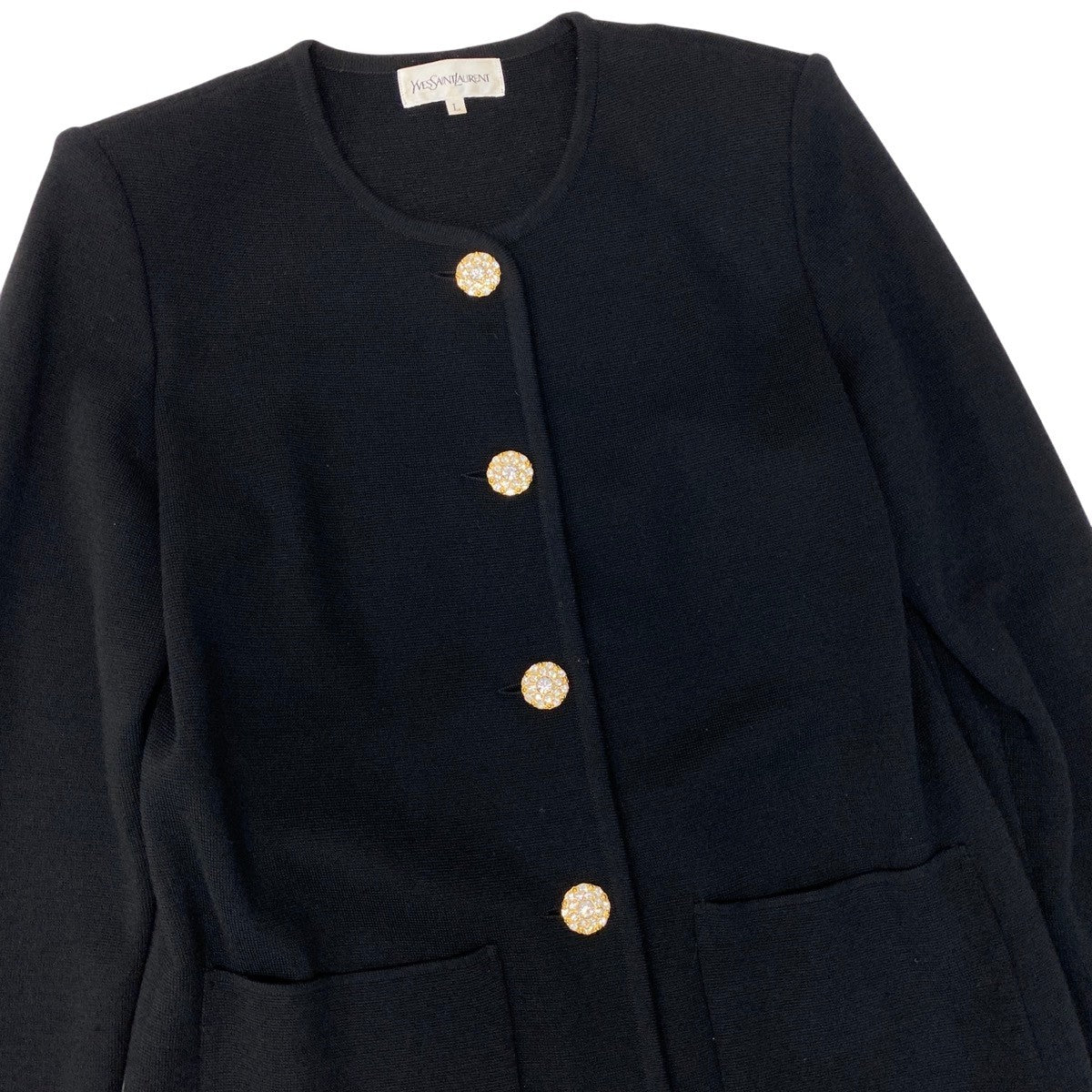 84g15 YVES SAINT LAURENT イヴサンローラン ノーカラー ニットコート ビジューボタン ロングコート サイズL ブラック ウール100％ レディースu02t