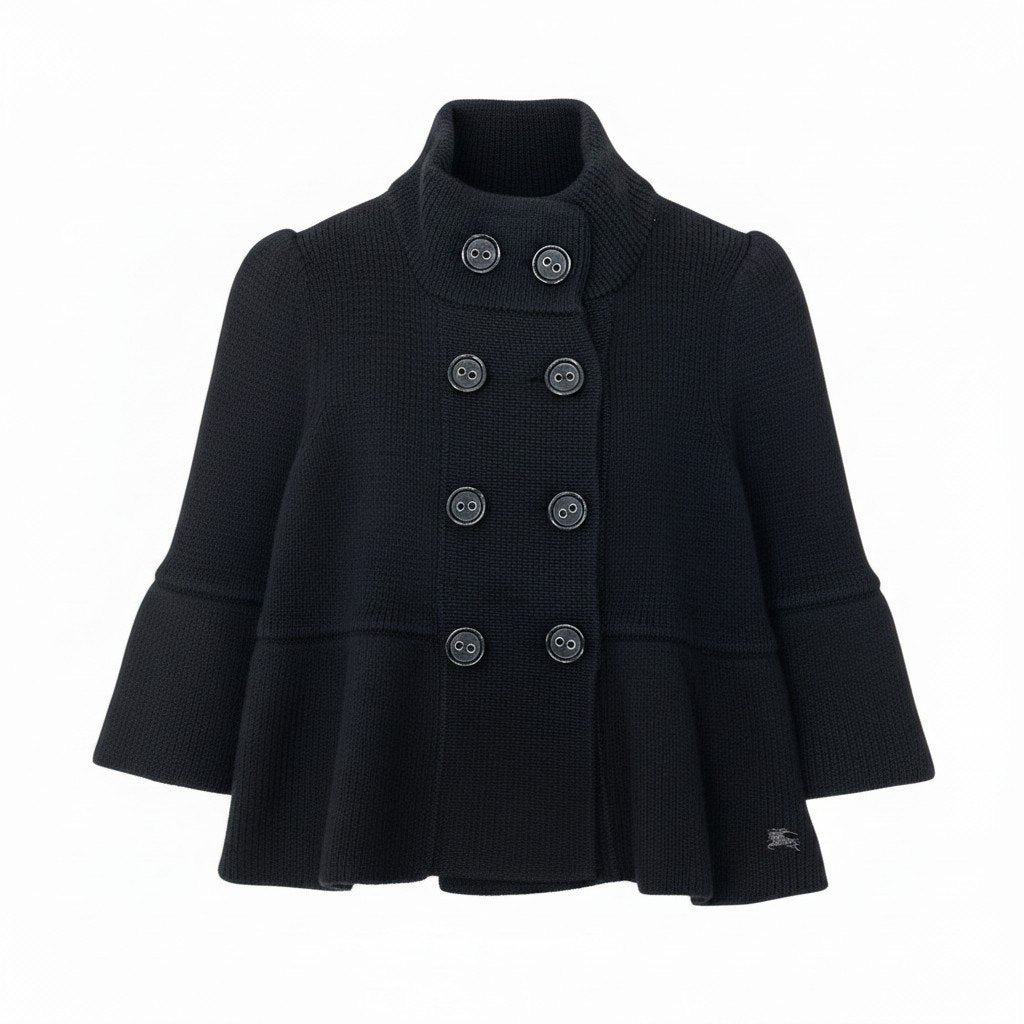 81g4 BURBERRY LONDON BLUE LABEL バーバリーロンドン ブルーレーベル ハイネック ニットジャケット ダブルブレスト ホース刺繡 サイズ38 ブラック レディース 女性用o07t