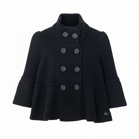 81g4 BURBERRY LONDON BLUE LABEL バーバリーロンドン ブルーレーベル ハイネック ニットジャケット ダブルブレスト ホース刺繡 サイズ38 ブラック レディース 女性用o07t