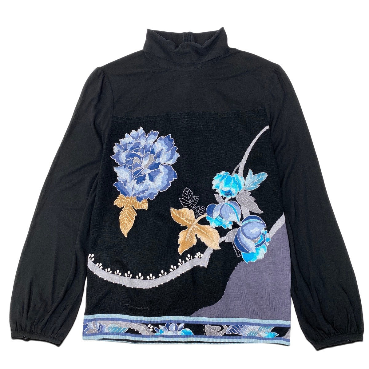 93h25 LEONARD FASHION レオナール ニットカットソー カンカン素材切替 花柄刺繍 38 ブラック レディースu02t