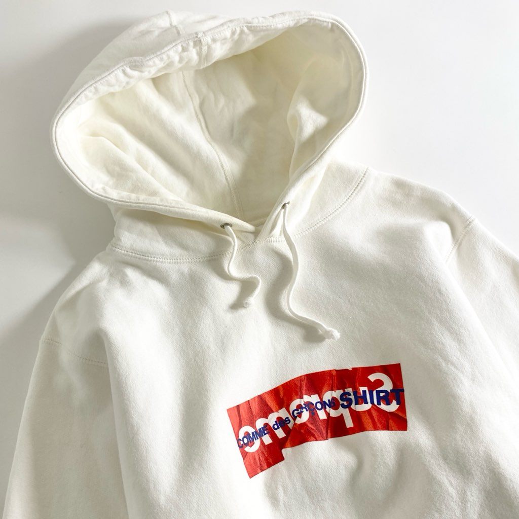 13e21 Supreme COMME des GARCONS SHIRT シュプリーム コムデギャルソン 17SS Box Logo Hooded Sweatshirt ボックスロゴ パーカー フーディ 反転ロゴ Mサイズ ホワイト コットン