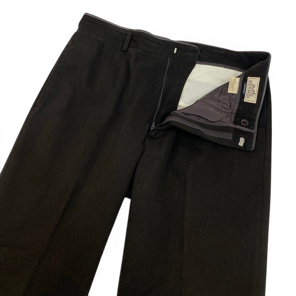 30f6 HERMES エルメス レザー切替 コットンパンツ ボトムス  52サイズ XL相当 ダークブラウン メンズ 紳士服u02t