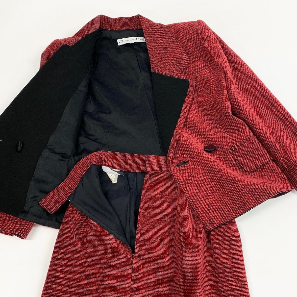 8f5 【美品】 Christian Dior クリスチャンディオール セットアップ スカートスーツ ツイードジャケット ダブルブレスト フォーマル バイカラー サイズ9 ブラック レッド  レディース 女性服u02t