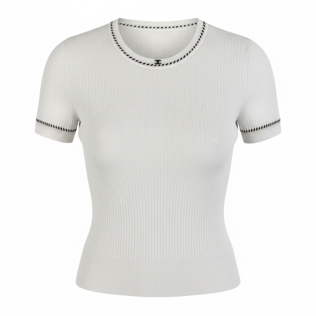Cb19 CHANEL ヴィンテージ シャネル 1996年 スモール ココマーク リブニット タイトTシャツ サイズ38 ホワイト レディース トップスta1