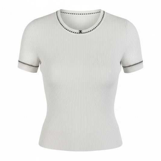 Cb19 CHANEL ヴィンテージ シャネル 1996年 スモール ココマーク リブニット タイトTシャツ サイズ38 ホワイト レディース トップスta1