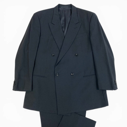 78a21 ARMANI COLLEZIONI アルマーニコレツィオーネ セットアップスーツ ダブルブレスト ストライプ柄 イタリア製 ビジネス フォーマル メンズ 紳士服 56 ブラック ウール100％o07t