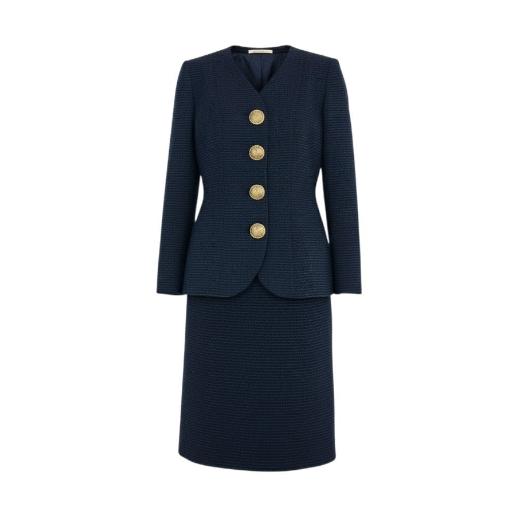 4b4 Vintage Yves Saint Laurent ヴィンテージ イブサンローラン YSL 金ボタン ノーカラー ジャケット Collarless Long Sleeve Jacket Gold Buttons 34 ネイビー コットン レディースo07t