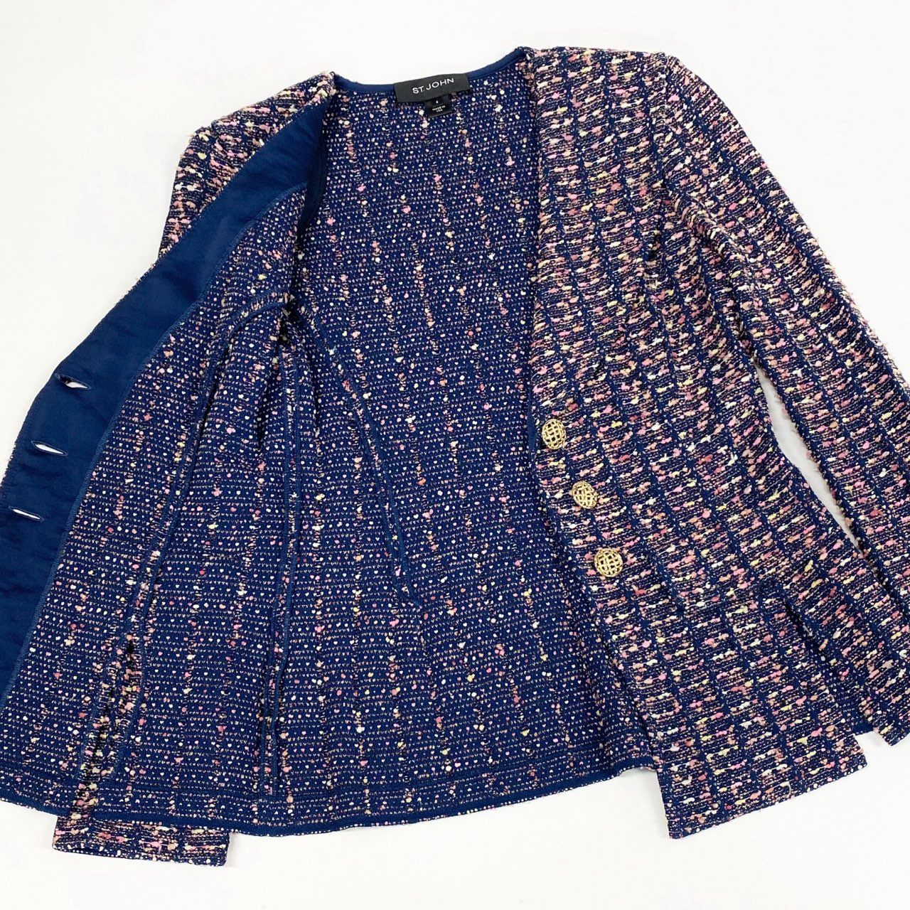 36a7 ST.JOHN セントジョン ワンピース ジャケット セットアップ アンサンブル 金ボタン ツイード 4 XLサイズ ネイビー ピンク系 レディースo07t