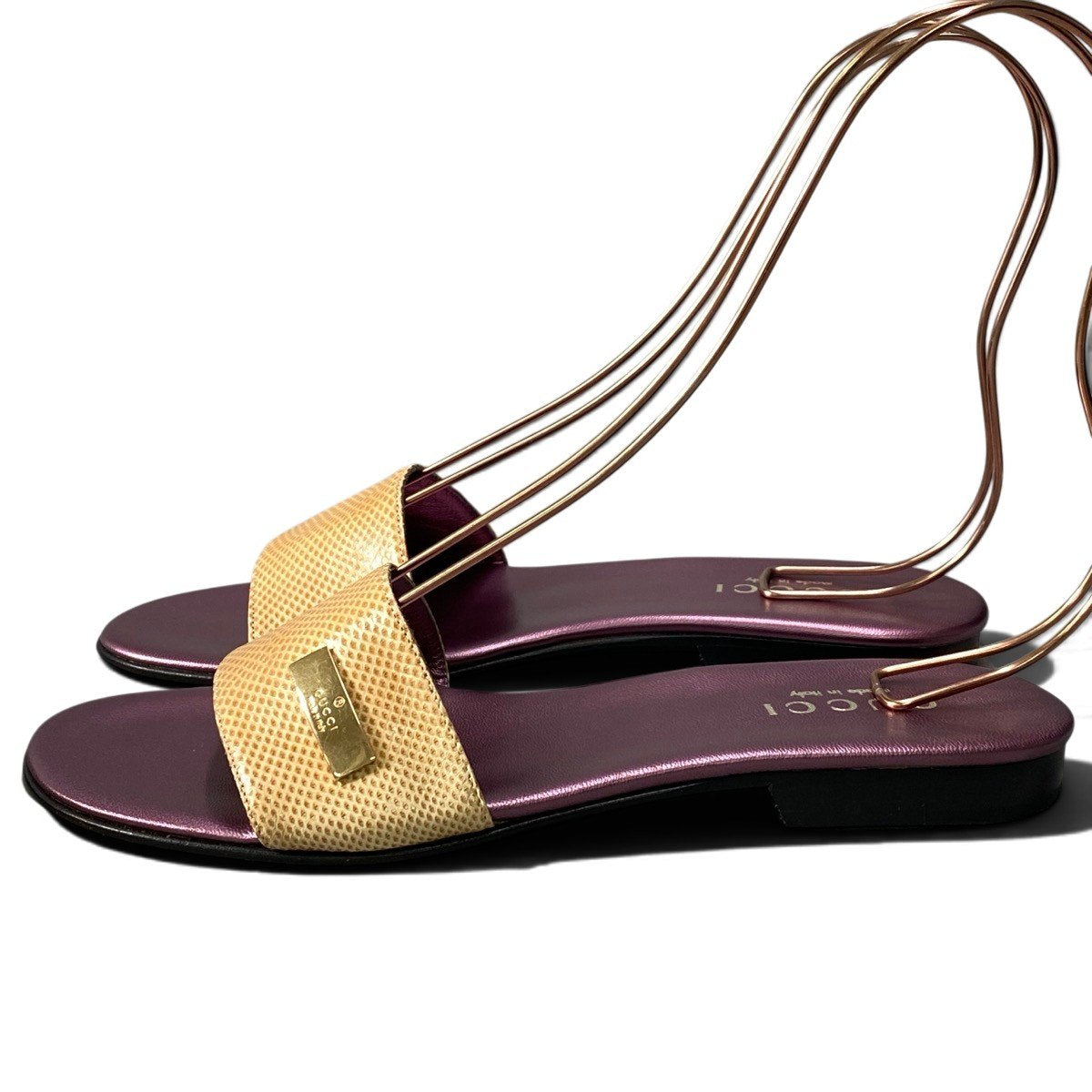 g31 【新品保管品】GUCCI レザーサンダル ブランドロゴプレート イタリア製 36 1/2サイズ パープル ベージュ レザー レディース 女性用k02i