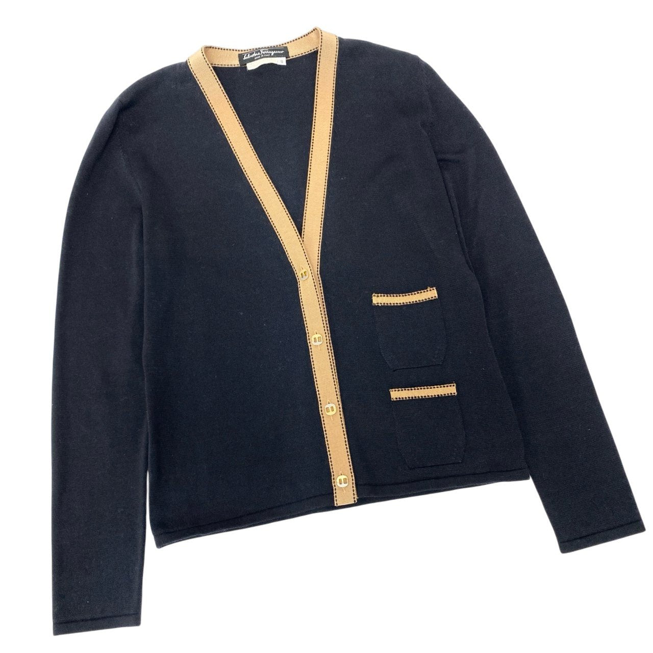 68b7 Salvatore Ferragamo サルヴァトーレフェラガモ アンサンブル コットンニット カーディガン キャミXS/カーディガンS ブラック レディース トップス ヴィンテージk02i
