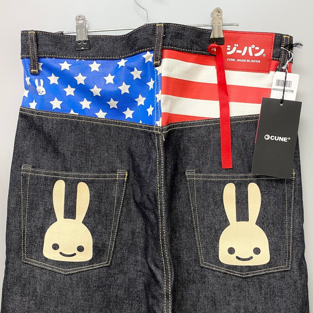 83e15《未使用品》 CUNE. キューン US国旗 アイコンうさぎ ブラックデニムパンツ サイズ34 祇園スタイル タグ付 DENIM PANTSt18r