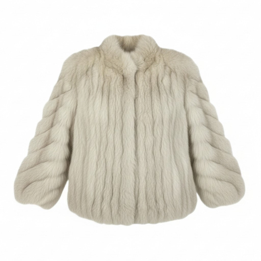 25L15 ブルーフォックス ファーコート サイズ13号 ホワイト 本毛皮 袖螺旋デザイン FOX FUR 希少デザインt18r