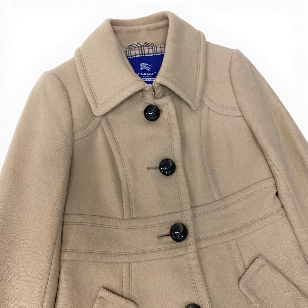 92g27 BURBERRY LONDON BLUE LABEL バーバリーロンドン ブルーレーベル Aラインコート アンゴラウール混 裏地ノバチェック 裾フリル サイズ36 ベージュ レディース 女性用o07t