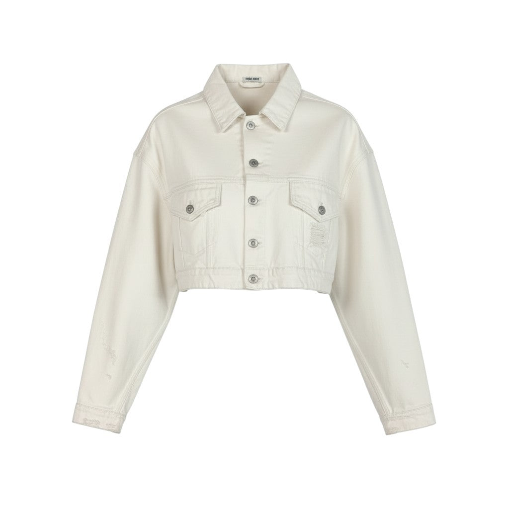 42a23 miu miu ミュウミュウ バックロゴプリント ダメージ加工 クロップドデニムジャケット 短丈ジャケット サイズ42 レディースta1