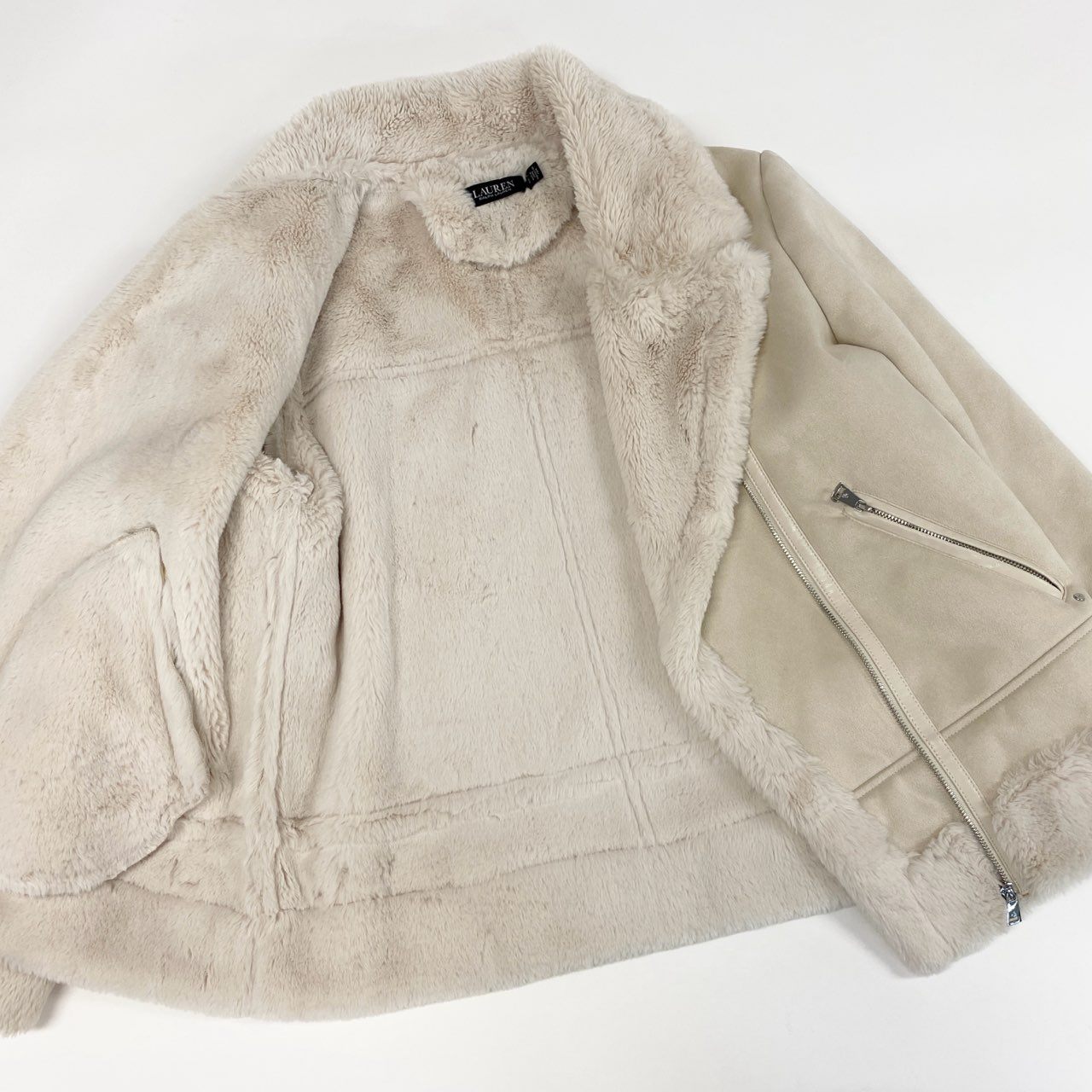 12f11 《美品》 LAUREN RALPH LAUREN ローレンラルフローレン フェイクムートン ライダースジャケット アウター フェイファー ボア Lサイズ ベージュ系 レディース