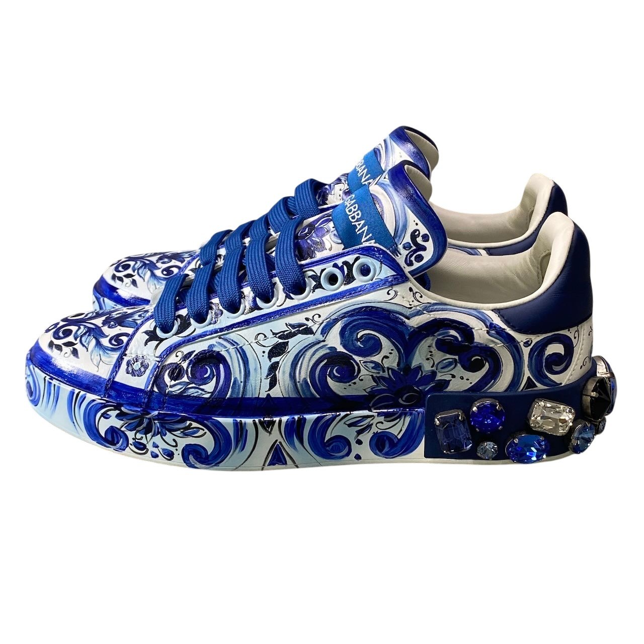 【美品】 DOLCE&GABBANA ドルチェアンドガッバーナ ポルトフィーノ ビジュー スニーカー マヨリカ ハンドペイント サイズ37 ブルー ホワイト レディースk02i